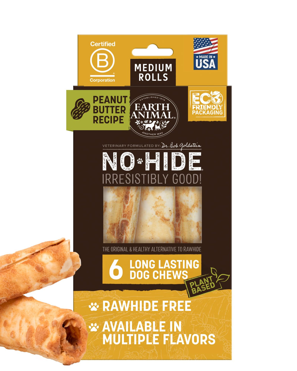 Earth Animal No Hide Chews rollos de mantequilla de maní para masticar duradero