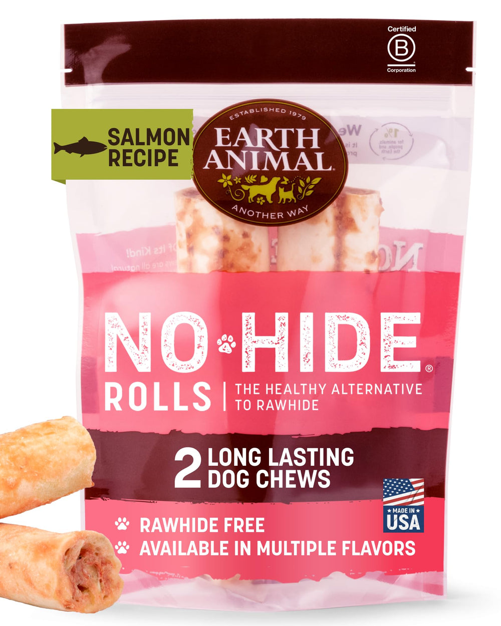 Earth Animal No Hide Chews, rollos de salmón medianos, masticación duradera.