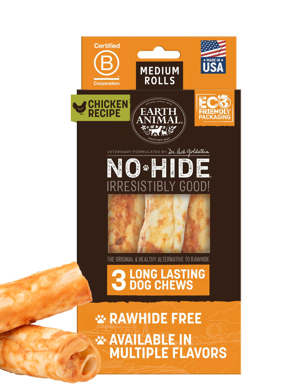 Earth Animal No Hide Rollos de Pollo para perros medianos, promueven higiene dental