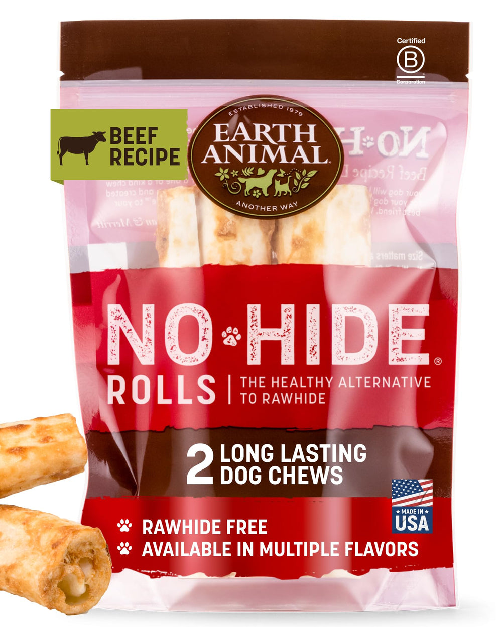 Earth Animal No Hide rollos de ternera, dos unidades, masticación duradera para perros medianos