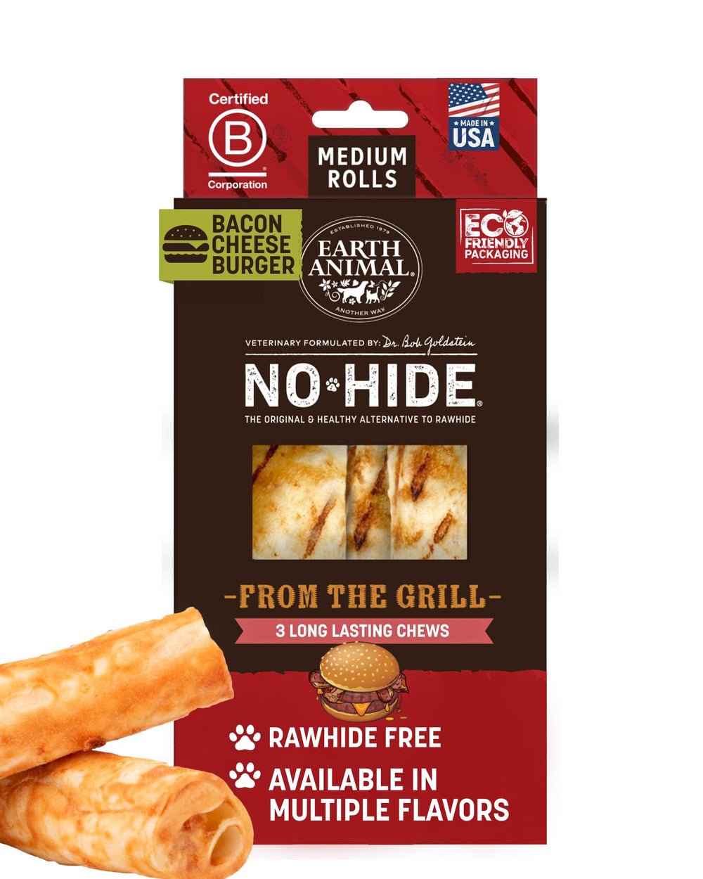 Earth Animal No Hide Rolls en paquete, masticación saludable para perros medianos.
