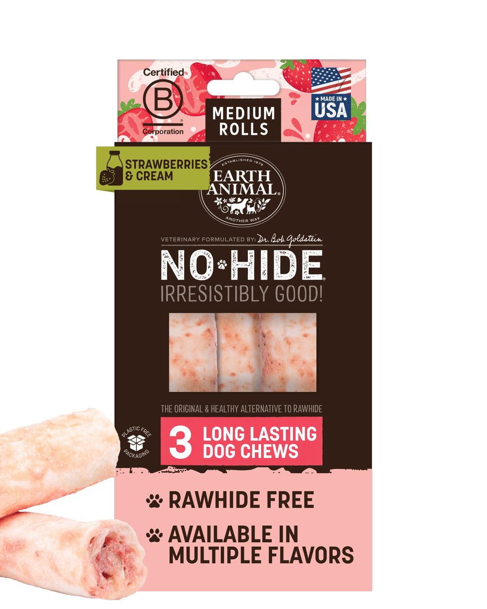 Earth Animal No-Hide Rollos Fresas y Crema: empaque 3 pack práctico para dueños.
