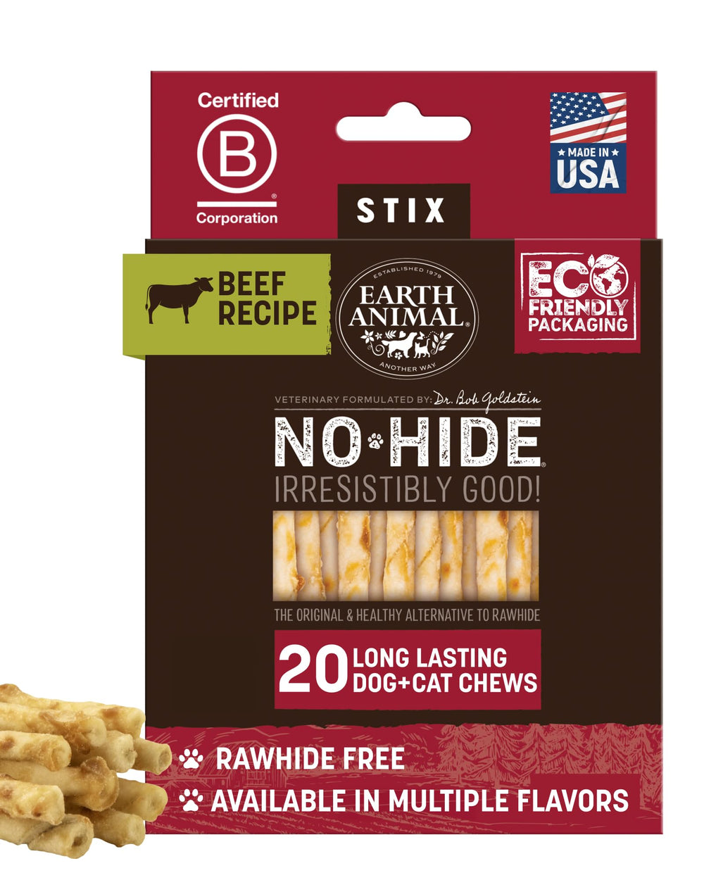 Earth Animal No Hide Stix paquete de 20 unidades para perro pequeño, masticable y duradero.
