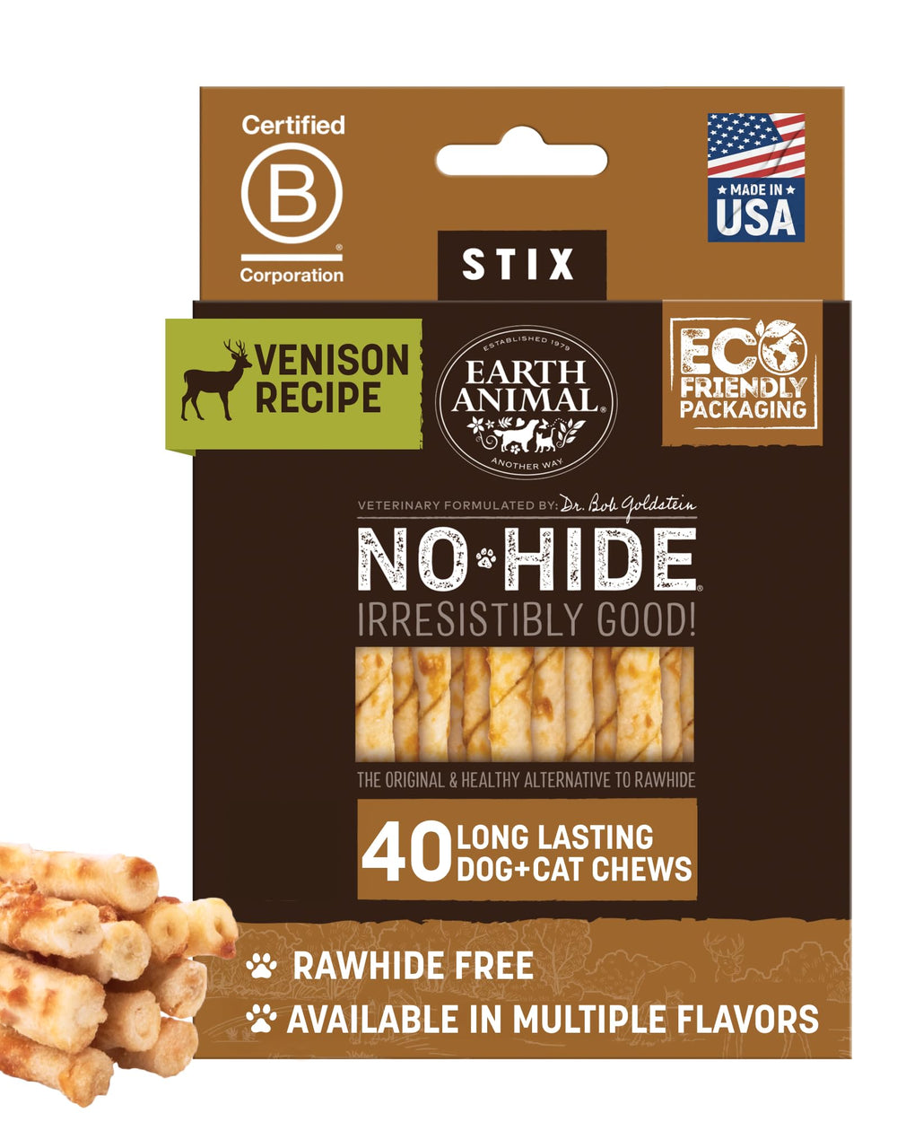 Earth Animal No Hide Stix de venado para perros pequeños, masticación duradera.