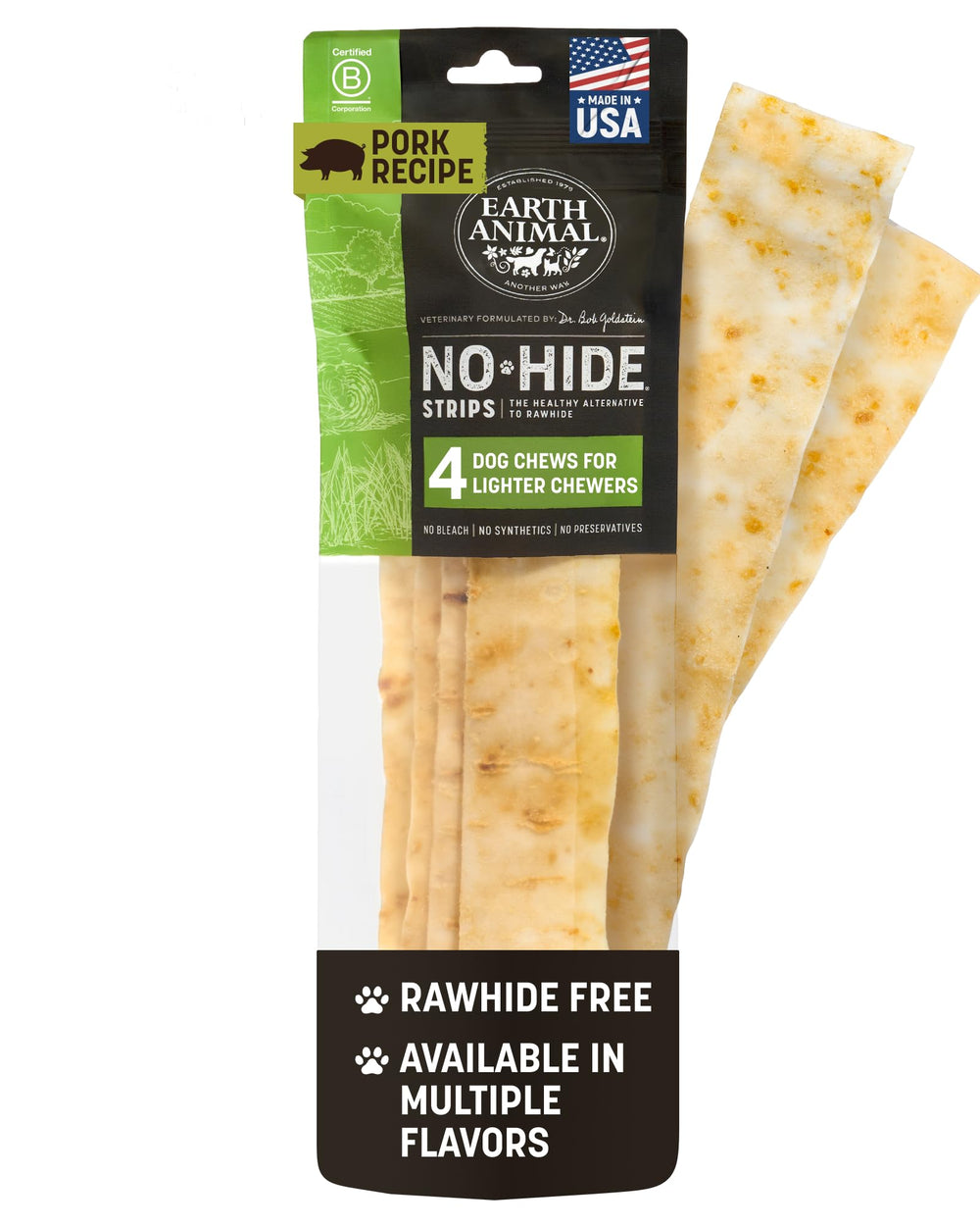 Earth Animal No Hide Strips: empaque de 4 piezas para masticar seguro.