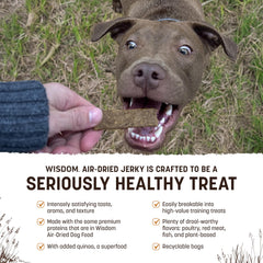 Earth Animal Wisdom tiras jerky aire seco, sabores naturales, perfectas para premiar entrenamientos.