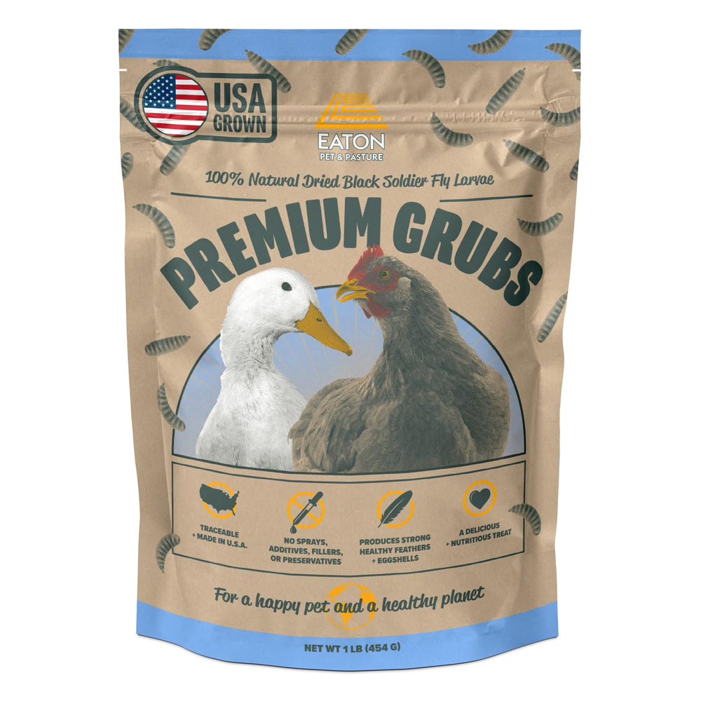 Eaton Pet and Pasture grubs en envase principal, proteína natural para aves.