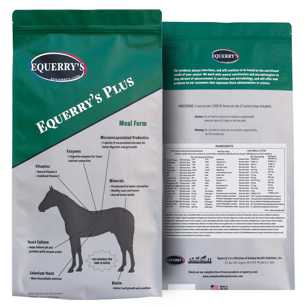 Equerry's Plus para caballos; envase de producto, apoyo digestivo diario.