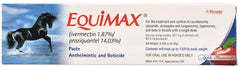 Equimax pasta antiparasitaria con aplicador de nariz plano, sabor manzana para fácil administración.