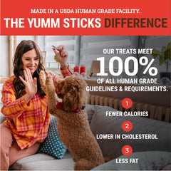etta says! Yumm Sticks grado humano para un snack seguro y confiable.