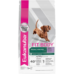 Eukanuba Fit Body Small Breed bag front shows weight-control formula for lean energy