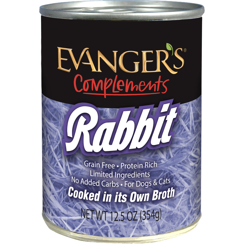 Evanger's Complements Rabbit: lata abierta, sabor natural y humedad para mascotas.
