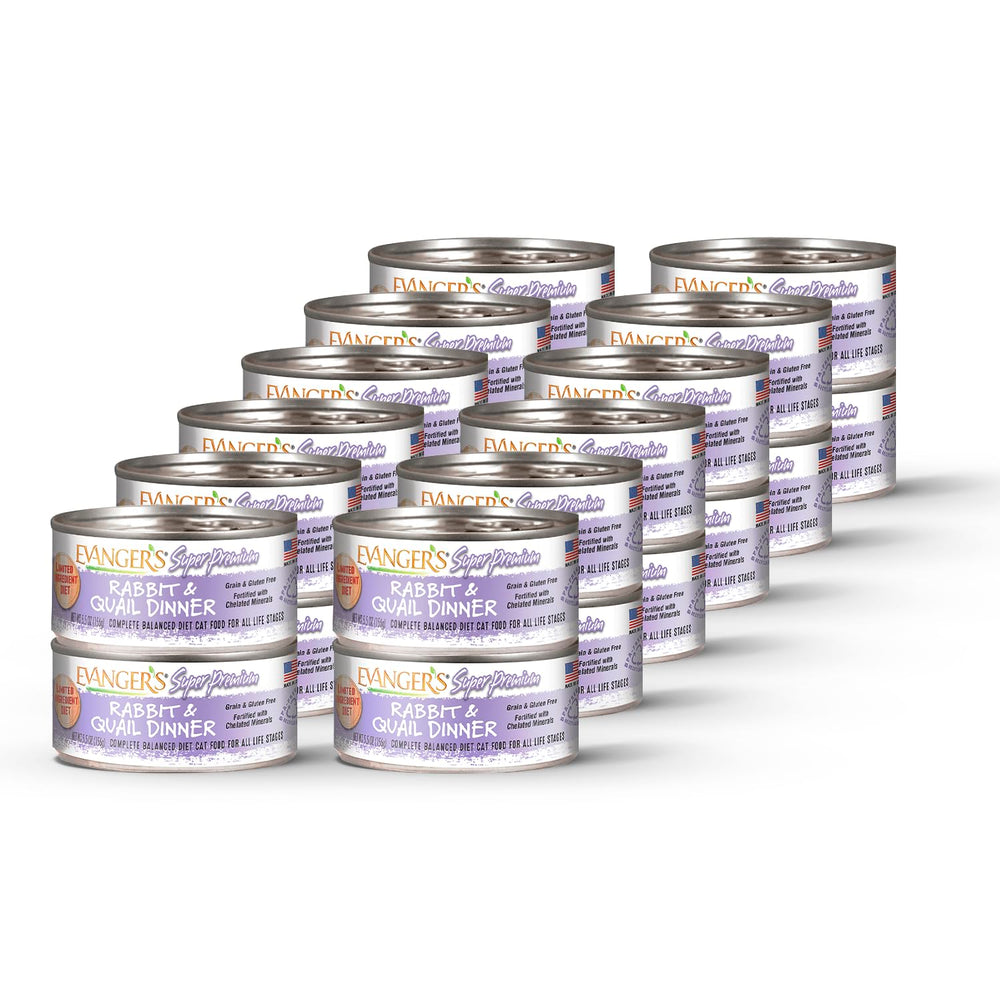 Evanger's Super Rabbit & Quail Dinner, lata frontal, favorece palatabilidad para gatos exigentes.