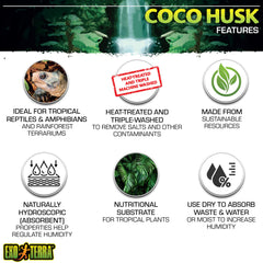Textura fibrosa del Coco Husk Brick para sustrato natural en terrarios tropicales.