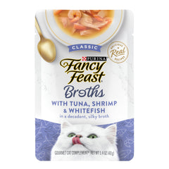Fancy Feast broths con atún, camarones y pescado blanco en caldo sedoso para enriquecer cada comida.