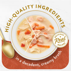 Fancy Feast Broths salmon and whitefish pouch; rich seafood flavor topper for meals.