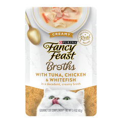 Fancy Feast caldo cremoso con atun, pollo y pescado blanco, ideal para realzar la comida.
