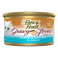 Purina Fancy Feast Gravy Lovers salmón y lenguado en lata, sabor apetecible para gatos.