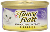 Fancy Feast FF Mariscos a la parrilla 3oz - lata frontal, formato cómodo para gatos.
