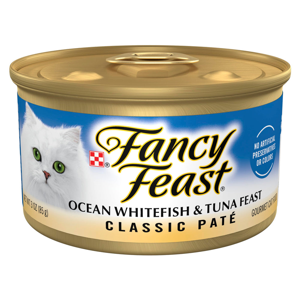 Fancy Feast Ocean Whitefish y Atún en lata, sabor marino para gatos exigentes.