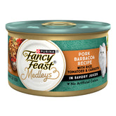 Fancy Feast Medleys cerdo barbacoa en lata, ideal para alimento diario de gatos.