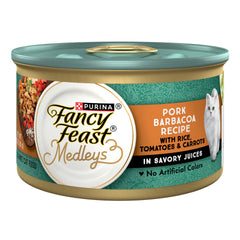 Fancy Feast Medleys cerdo barbacoa en lata, ideal para alimento diario de gatos.