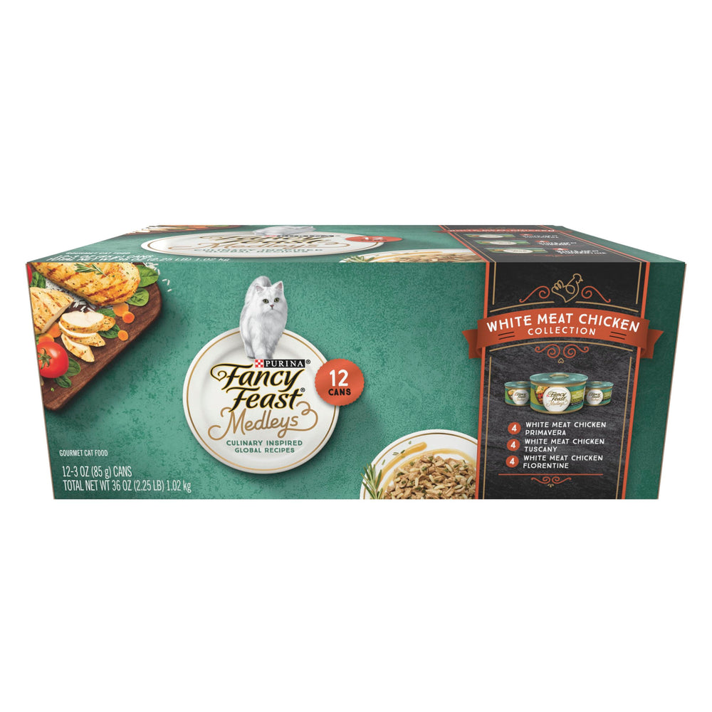 Fancy Feast Medleys lata de 3 onzas con pollo blanco en salsa, comida para gato adulto