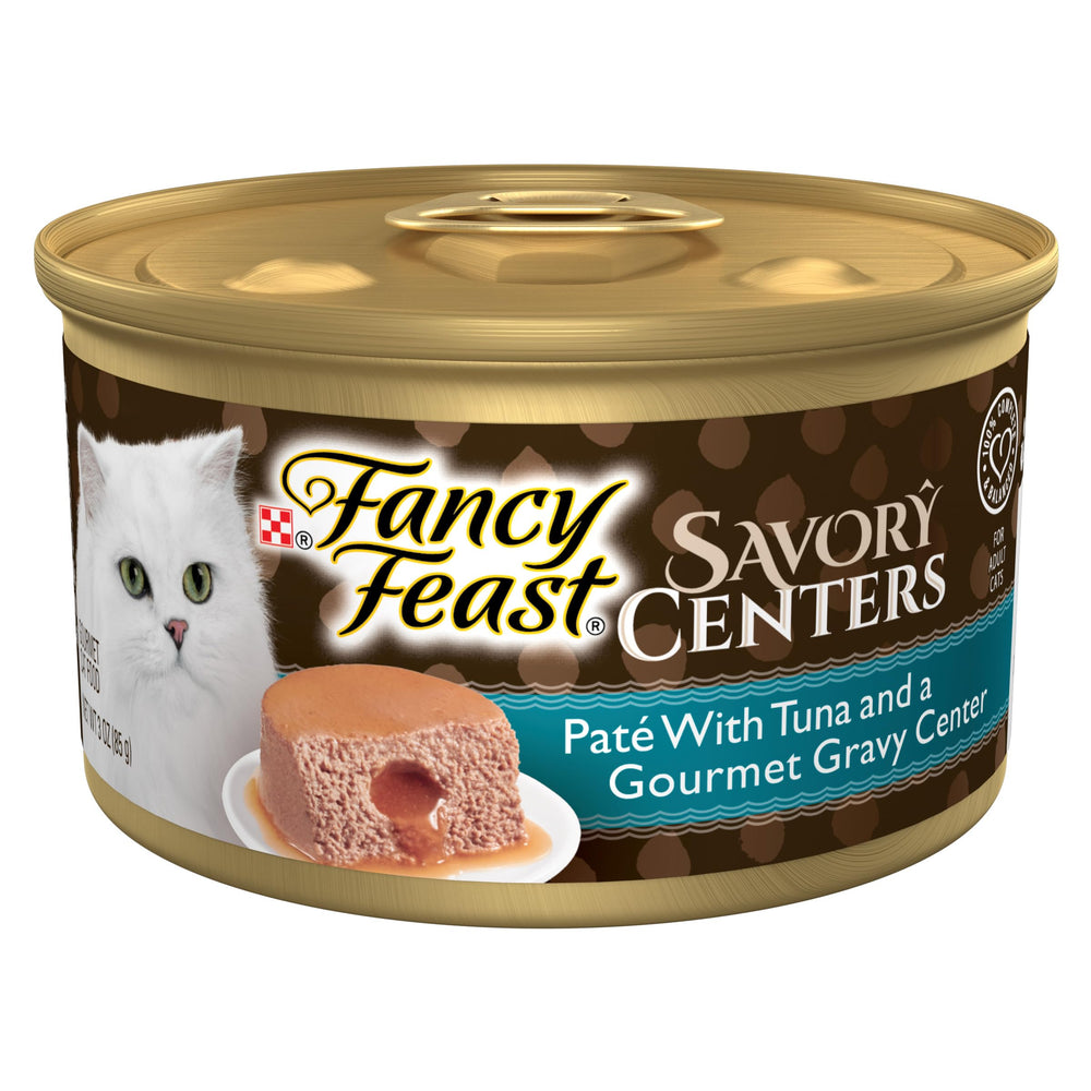Fancy Feast Savory Centers con atún: paté con centro de salsa gourmet, doble textura para deleitar.