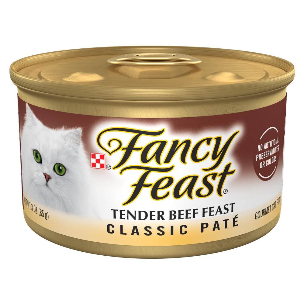 Fancy Feast Tender Beef Pate, pack de 24 latas, comida completa para gatos.