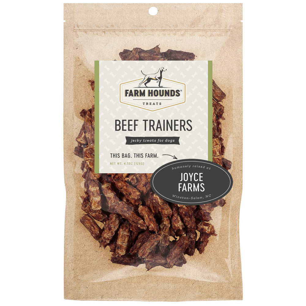 Farm Hounds Entrenadores de Ternera: empaque claro que destaca ingredientes naturales y origen estadounidense.