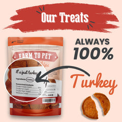 Morceaux de dinde Farm To Pet, 100% grade humain, idéal pour petites sessions.