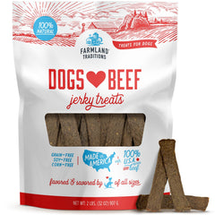 Farmland Traditions jerky de ternera en empaque, snack proteico para entrenar perros