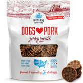 Farmland Traditions jerky de cerdo para perros, empaque visible, snack premium.