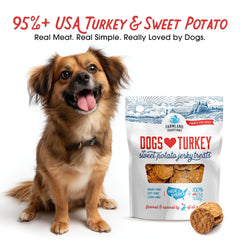 Farmland Traditions tiras de pavo con batata, adecuadas para entrenamiento breve.