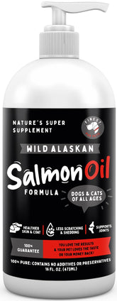 Finest For Pets: frente del bote de aceite de salmón Alaska, apoyo para piel y pelaje saludables.