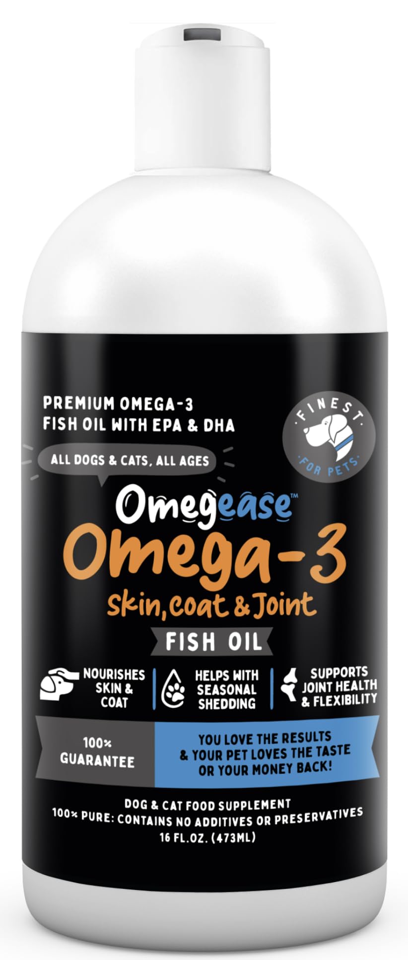 Finest For Pets Omegease aceite de pescado sin sabor para apoyar piel y pelaje.
