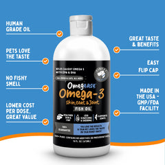 Finest For Pets Omegease frasco 16oz para uso diario en hogares con mascotas.