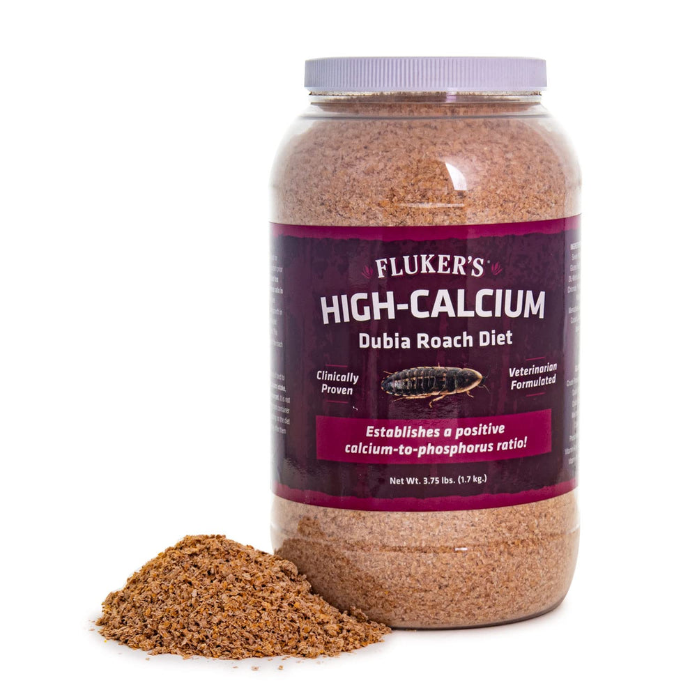 Fluker's Alto Calcio para insectos dubia, envase listo para carga nutritiva.