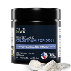 Four Leaf Rover colostrum para perros, botella lista para uso diario.