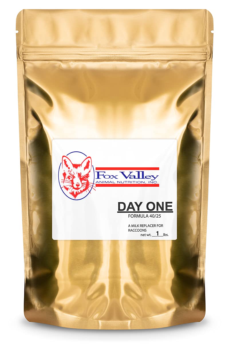 Fox Valley Fórmula Día Uno 40/25 para mapaches en envase, mezcla fácil y estable.