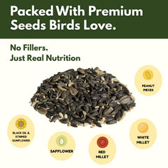 FREEBIRD aves comiendo en comedero exterior con mezcla variada.