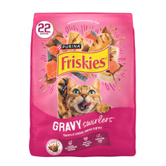 Friskies Gravy Swirlers en bol con pollo y salmón, sabor apetitoso para gatos.