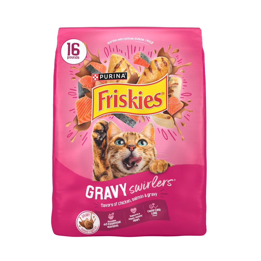 Friskies Gravy Swirlers con pollo crujiente en tazón para estimular el apetito.