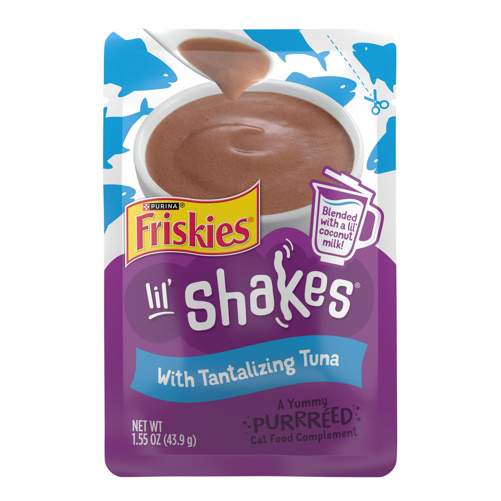 Friskies Lil’ Shakes atún, topper suave para realzar comidas húmedas.