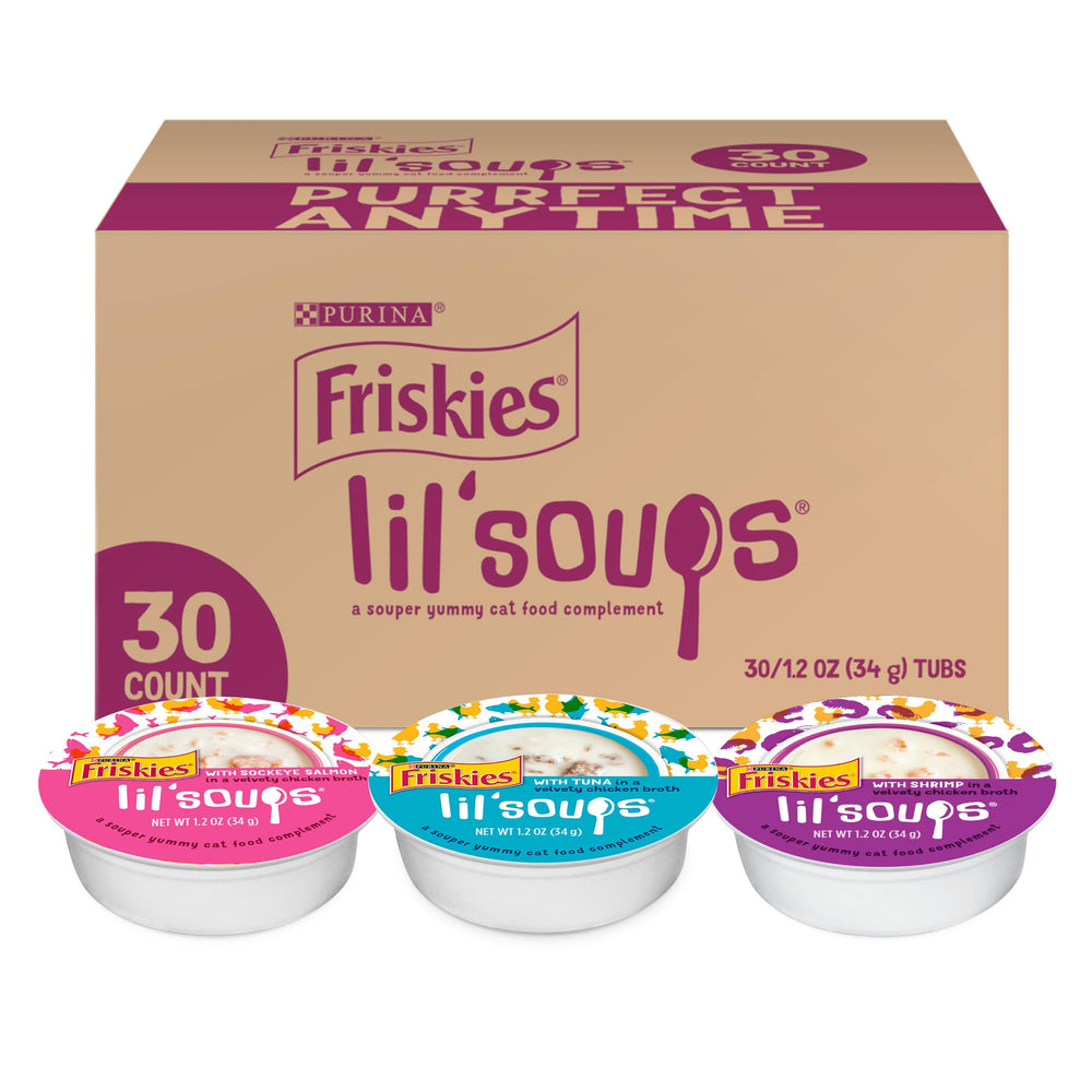 Friskies Lil' Soups variedad salmón-atún-camarón, tarrinas listas para variar la comida