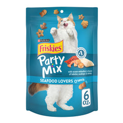 Friskies Mezcla de Fiesta Mariscos: empaque de 6 bolsas para snack diario.
