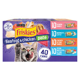 Friskies Pate Mariscos en lata, textura suave para el gusto de tu gato.