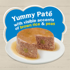 Friskies pate natural atun arroz y guisantes: proteina suave para músculos.