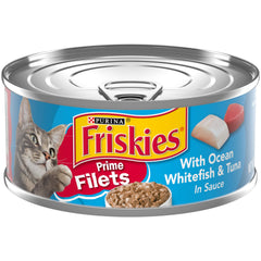 Friskies Prime Filets con bacalao blanco y atún en salsa, trozos jugosos para estimular el apetito.