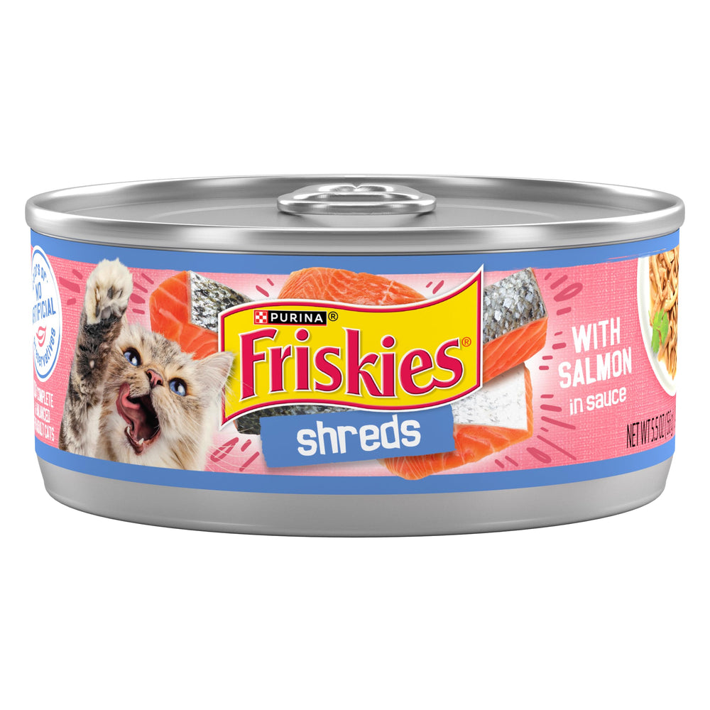Friskies deshebrado con salmón en salsa, lata 01: textura tierna para gatos adultos.